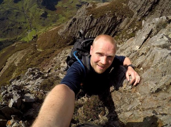 Brave Dave scrambles up Bryant's Gully, an 800 meter ascent in Snowdonia