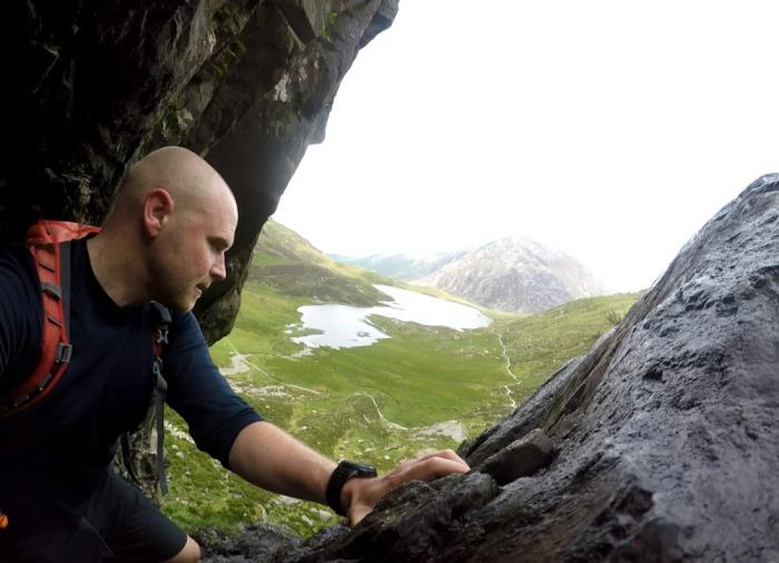 Brave Dave scrambling up Idwal Staircase in Snowdonia